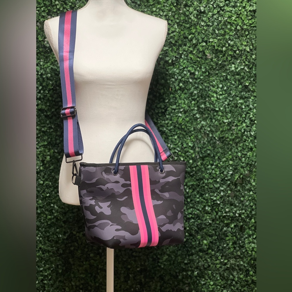Haute Shore Greyson Epic Neoprene Tote, Navy camo with pink/navy stripe.